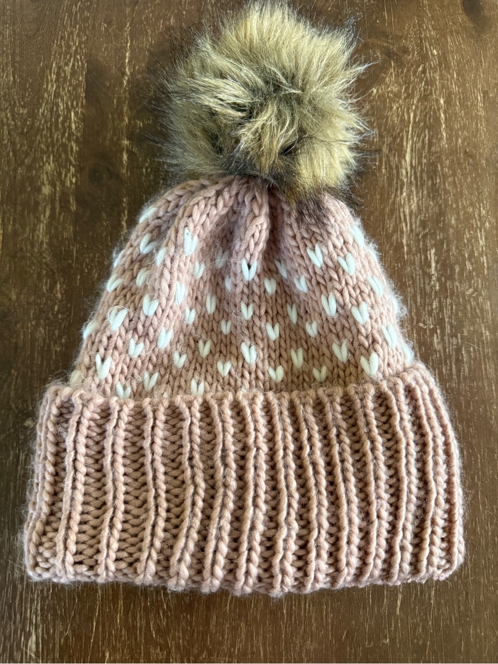 LC Lauren Conrad Pink Knit Pom-Pom Beanie with Cream Accents